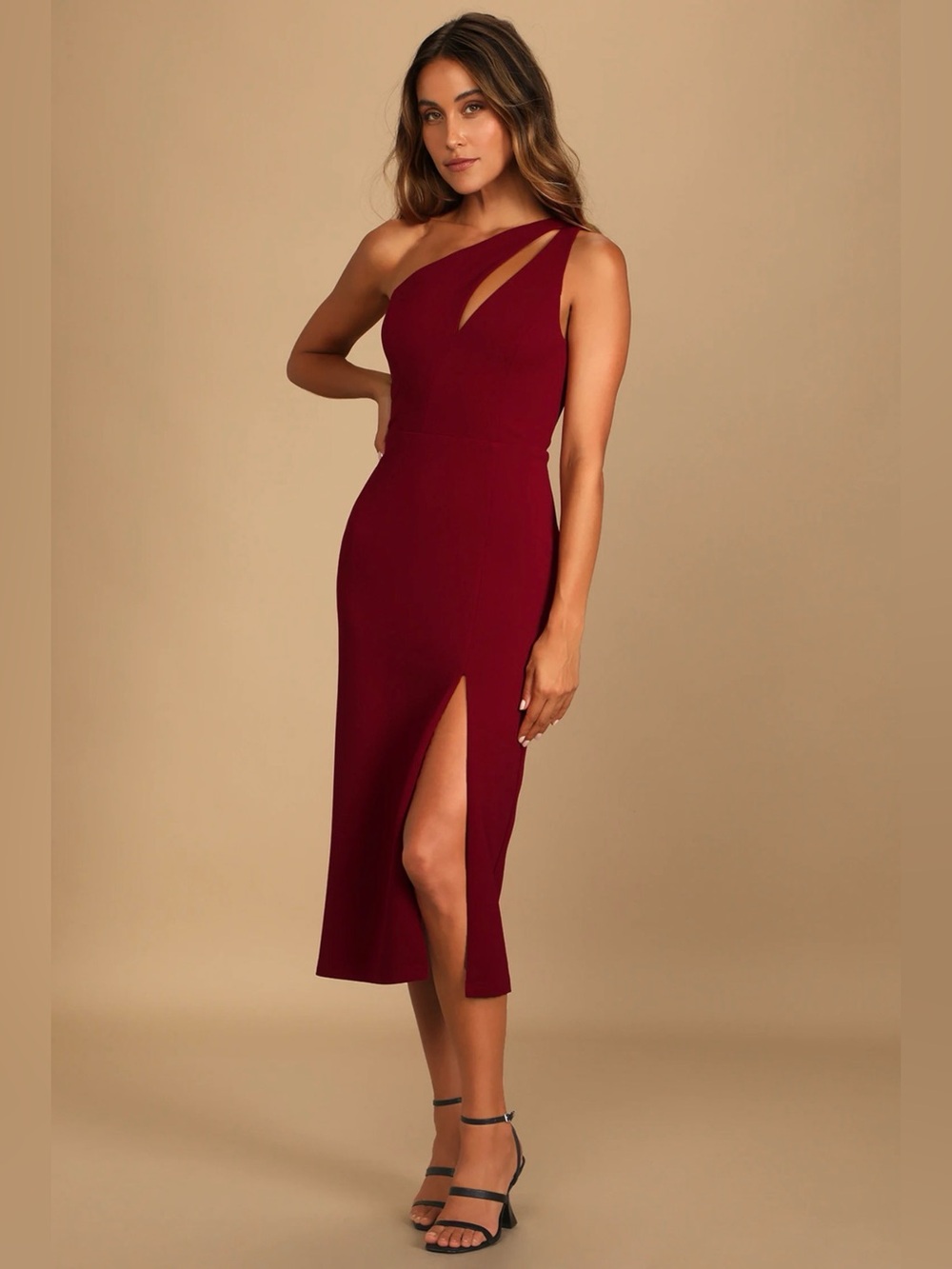 Lulus Cocktail Club Burgundy One Shoulder Midi Dress NWT Size Small